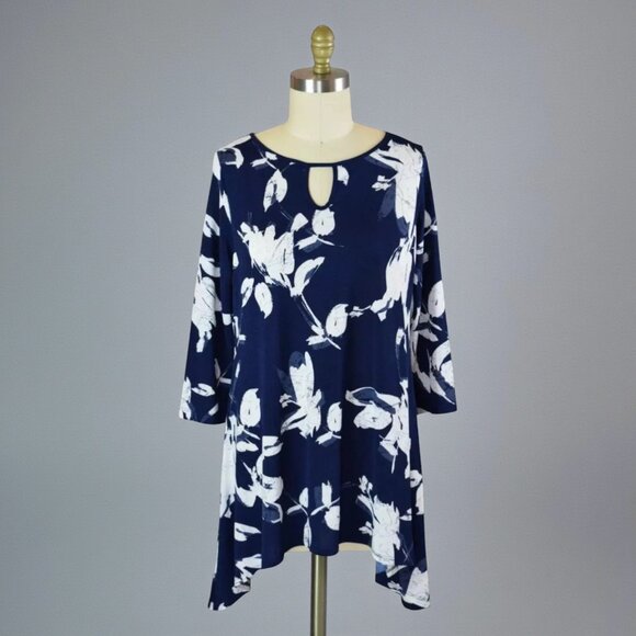 Clara Sun Woo Tops - CLARA SUN WOO ABSTRACT FLORAL NAVY BLUE SHARKBITE HEM TUNIC